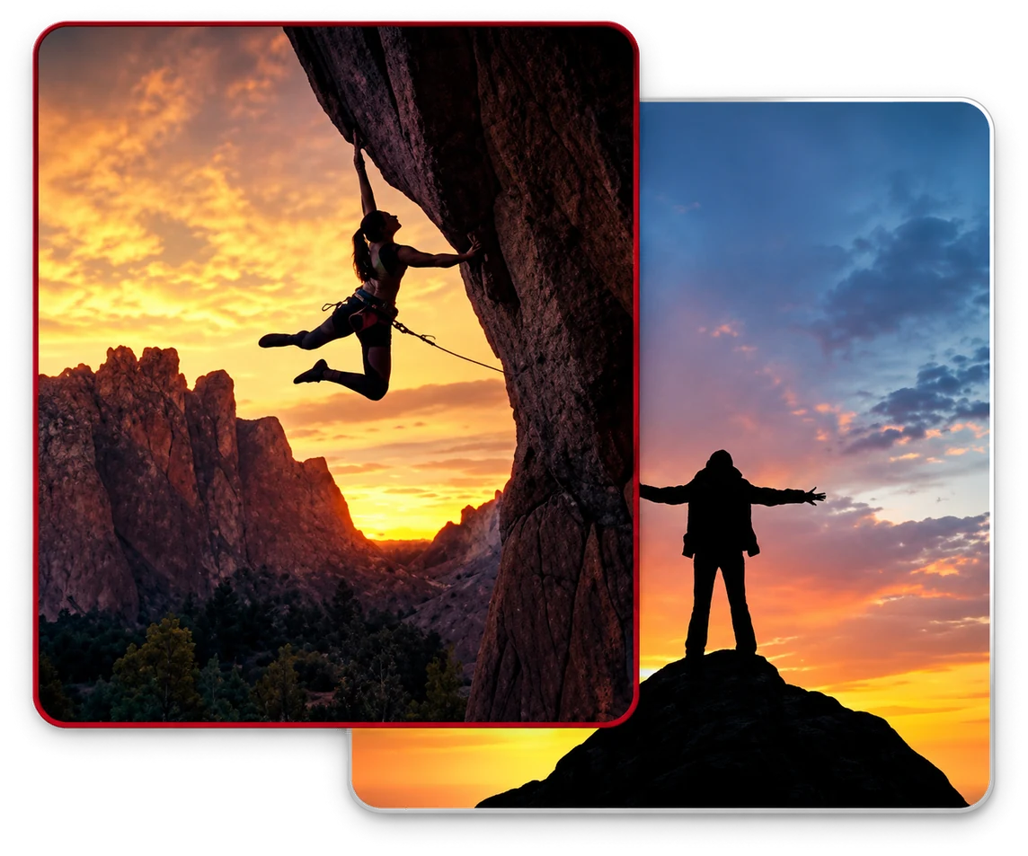 A rock climber on a cliff at sunset, beside a person standing on a summit with arms outstretched